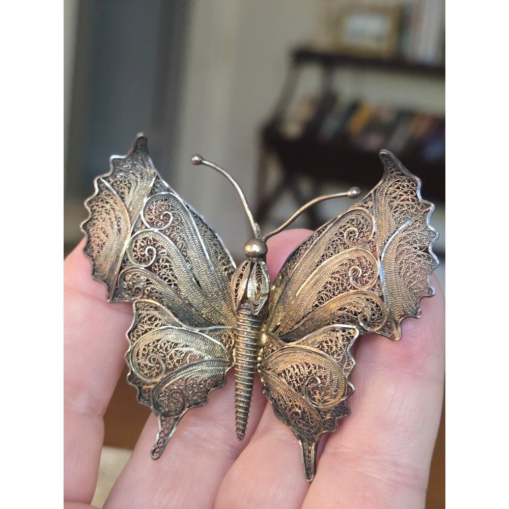 800 Silver Filagree Butterfly Brooch Antique 1920s-1930s